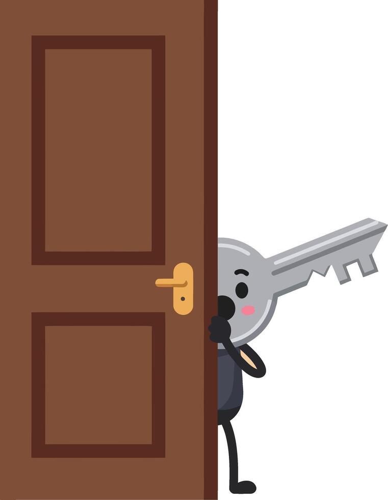 Key character peeking from behind brown wooden door with golden handle in cartoon style illustration vector