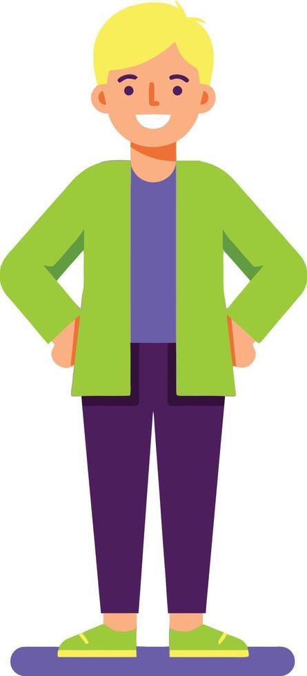 Young boy smiling confidently with green jacket and purple pants standing in casual pose illustration vector