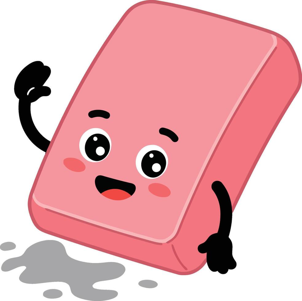 Cute pink eraser character waving with happy face and shadow in simple style illustration vector