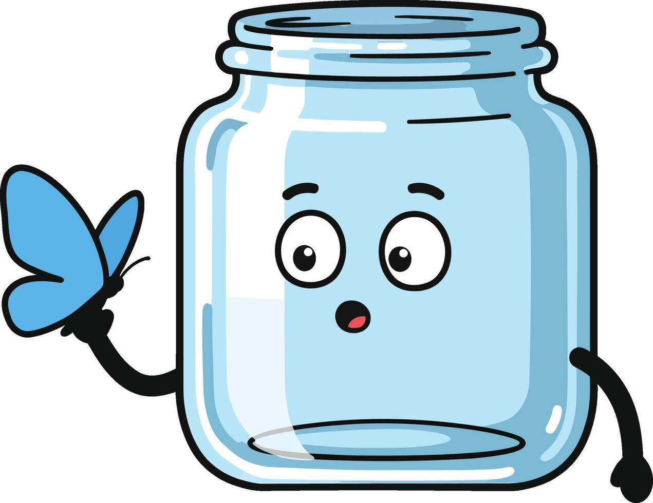 Cute cartoon glass jar with surprised expression holding blue butterfly illustration vector