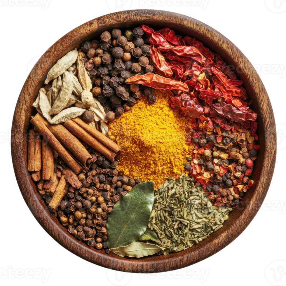Spices in a wooden bowl on transparent background png