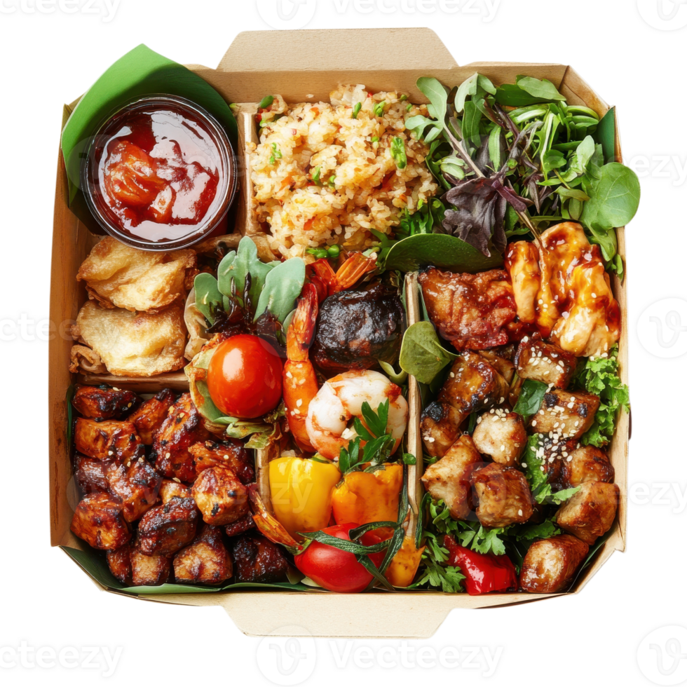 Assorted food bento box on transparent background png
