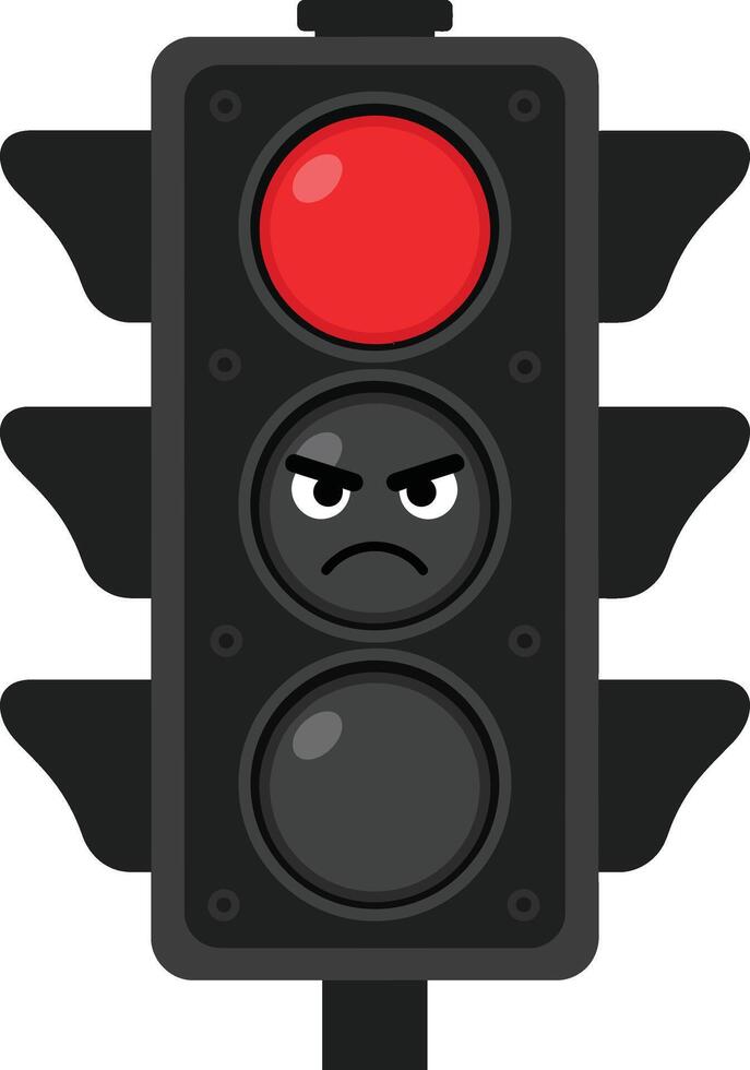 Angry face traffic light with red signal and dark background illustration for road safety awareness and warning signs vector