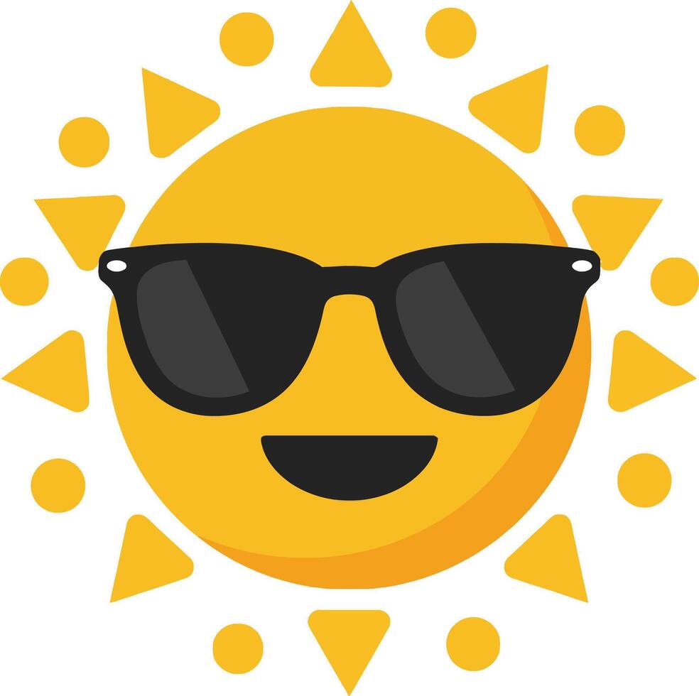 Sun with sunglasses smiling icon illustration in bright yellow color summer theme cheerful vibe vector