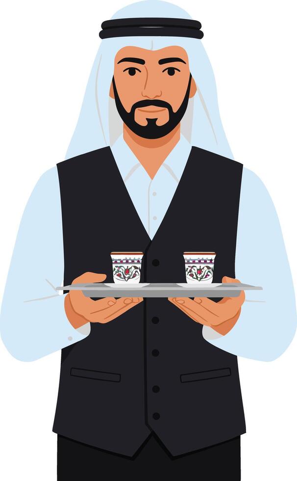 Man in traditional Middle Eastern attire serving Arabic coffee cups with tray illustration vector