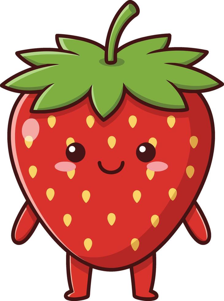 Cute smiling strawberry cartoon character with green leaves and red body illustration vector