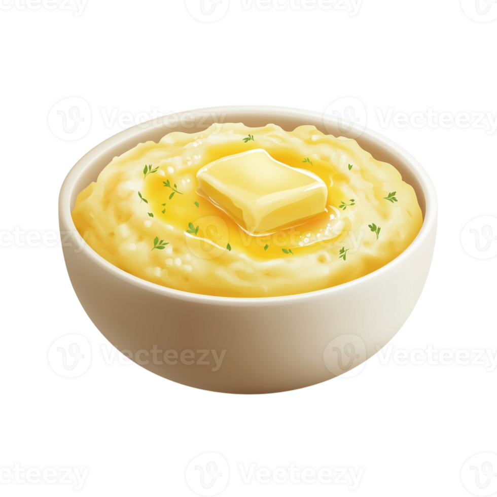 A bowl of mashed potatoes with butter on it png