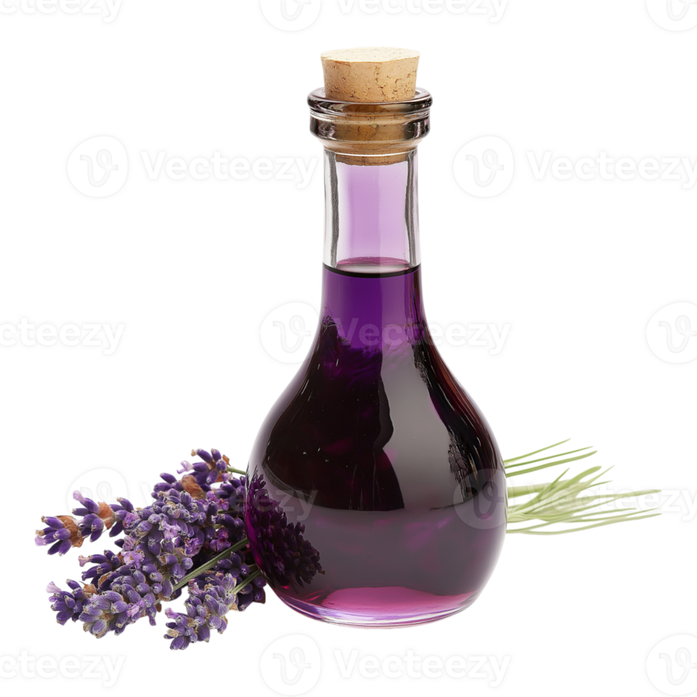 Lavender oil in a bottle with a sprig of lavender png