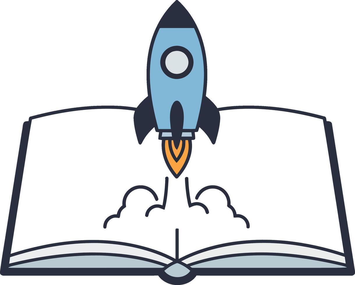 Rocket launching from open book symbolizing education and innovation concept in simple style vector
