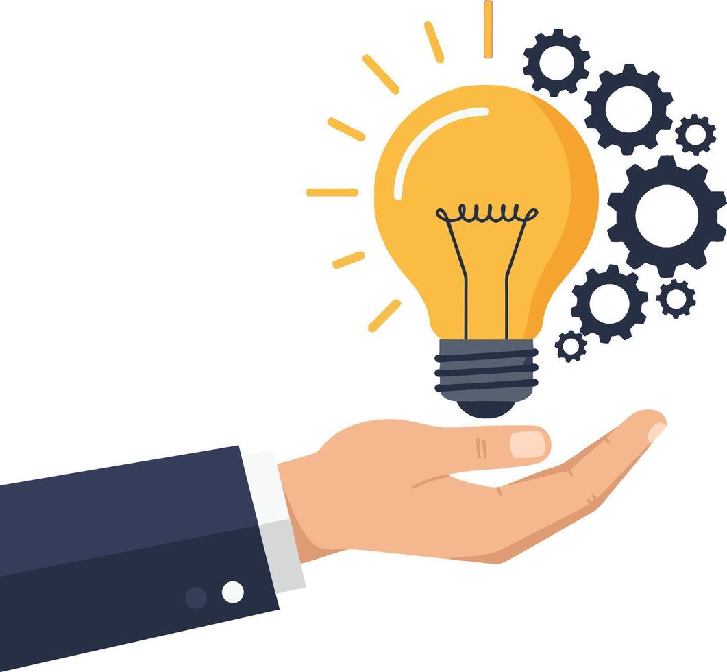 Hand Holding Light Bulb with Yellow Glow and Black Gears Symbolizing Innovation and Ideas Creativity vector