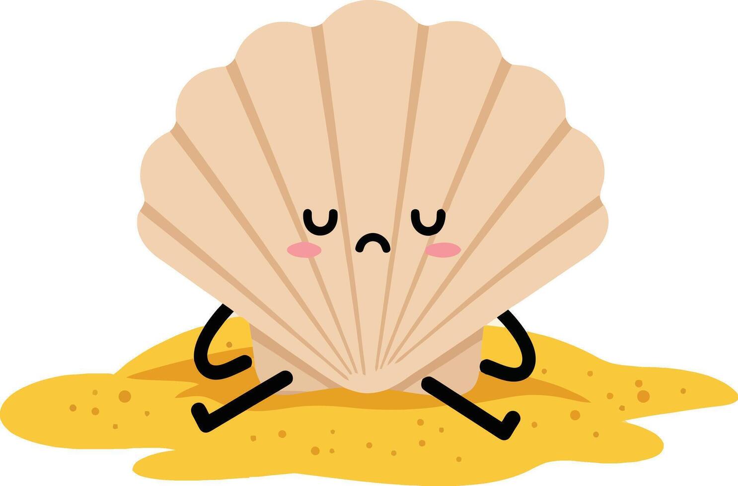 Sad seashell sitting on yellow sand with cute facial expression and simple design illustration vector