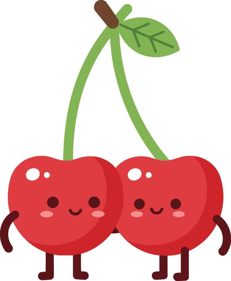 Cute cartoon cherries with smiling faces and green leaf illustration in kawaii style vector