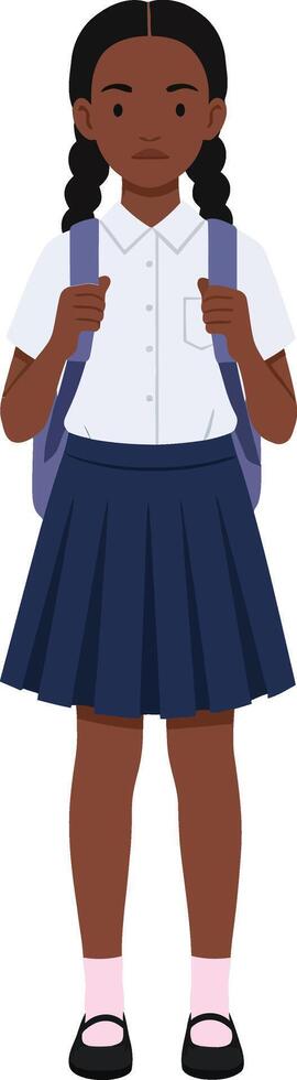 Schoolgirl standing with backpack in uniform white shirt and navy blue skirt illustration vector