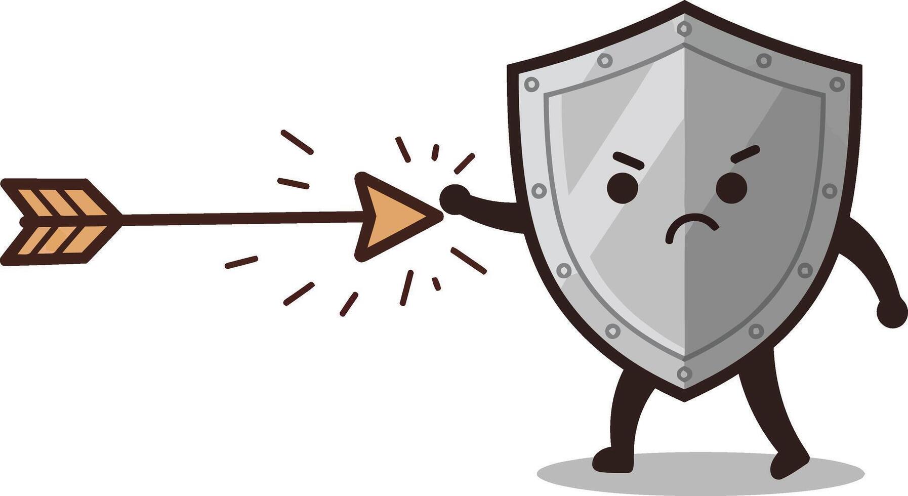 Animated shield character blocking arrow with determined expression illustration for security and protection concept vector