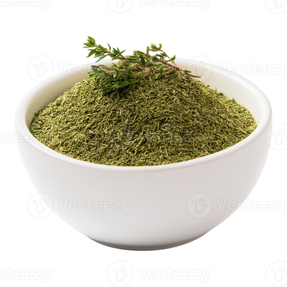 A bowl of green powder with a sprig of thyme png
