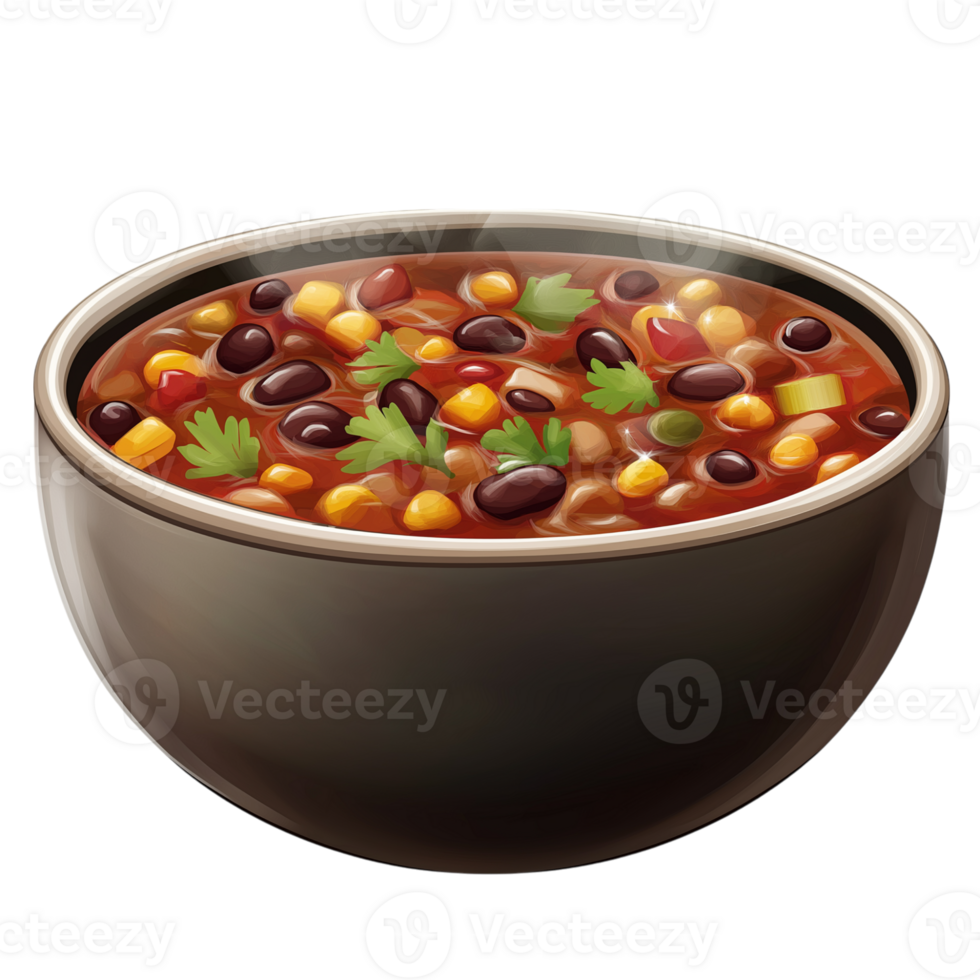 A bowl of chili and beans with corn and cilantro png