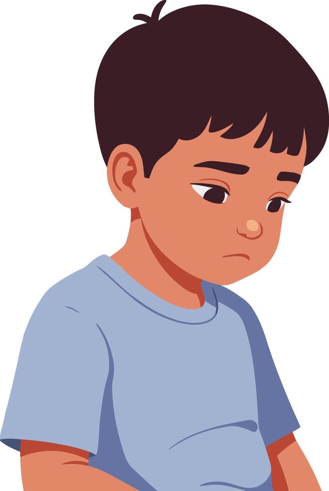 Sad boy with short hair wearing blue t-shirt looking down in thoughtful pose illustration vector