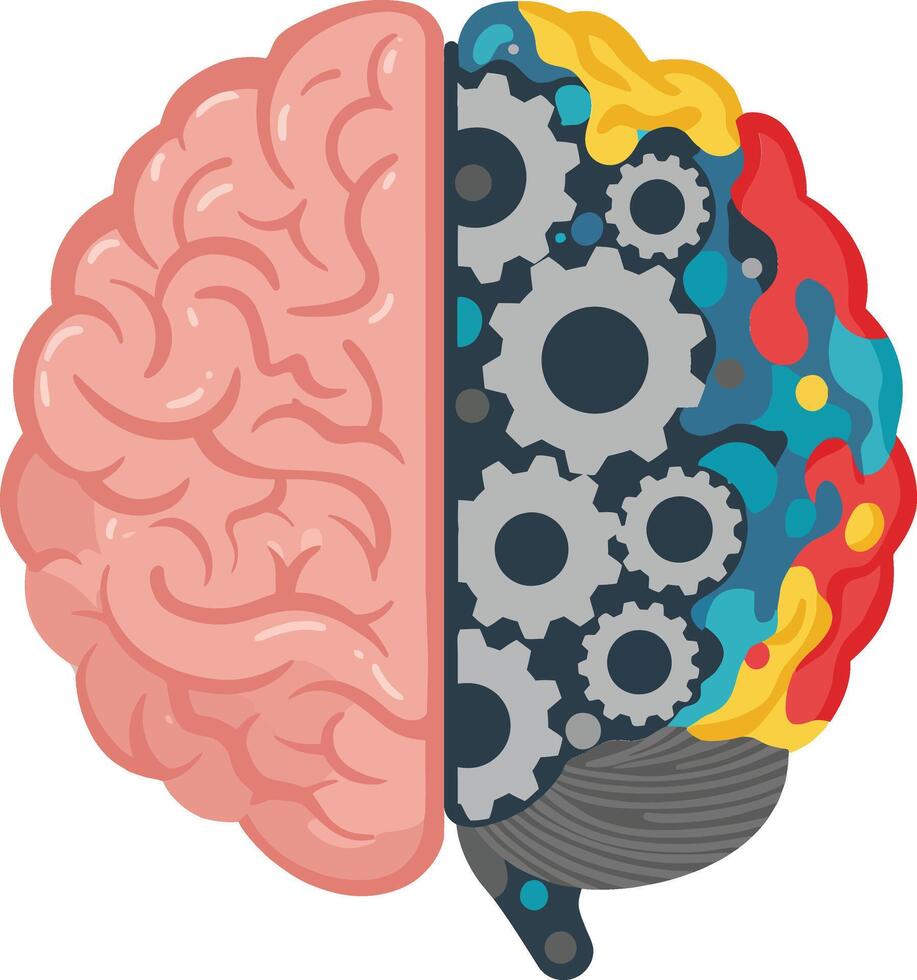 Human brain split with mechanical gears and colorful abstract design illustration for creativity and technology concepts vector