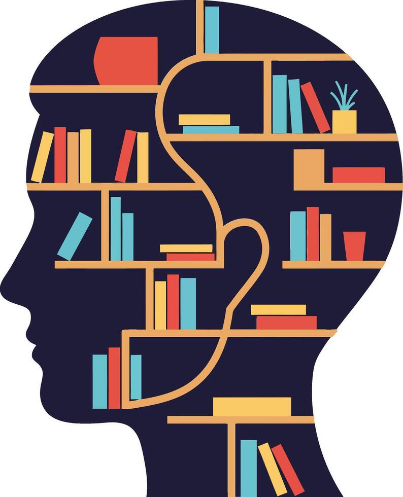 Human head silhouette filled with colorful bookshelf and books illustration creative concept for knowledge and learning vector