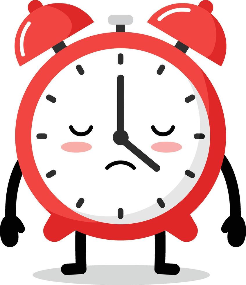 Red sad alarm clock character with sleepy eyes and black arms standing illustration vector