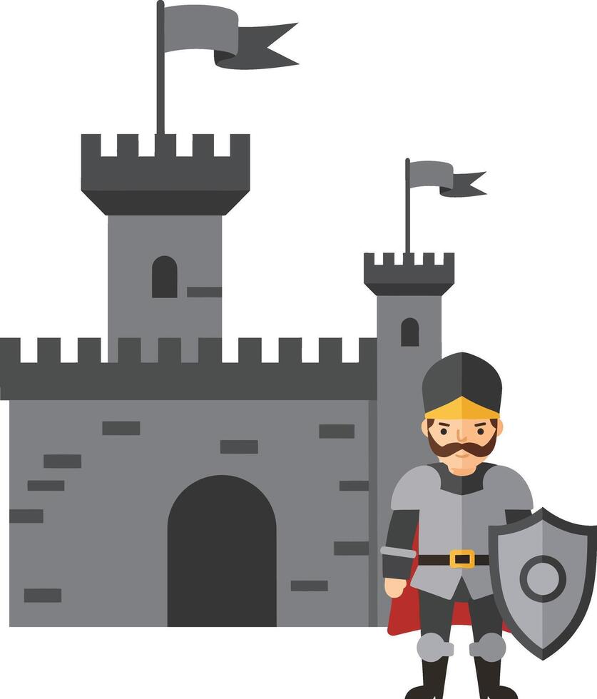Medieval knight standing with shield in front of gray castle tower illustration vector