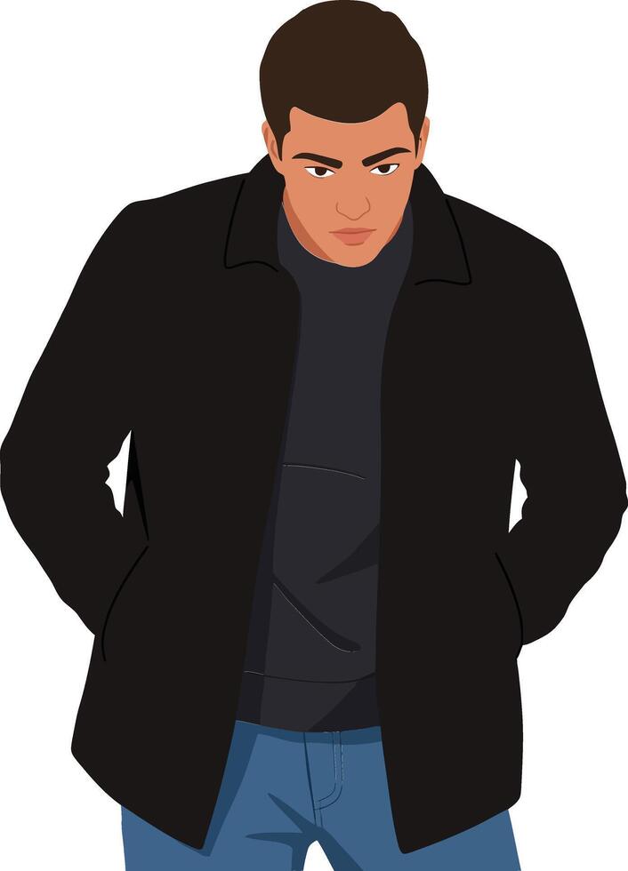 Man in black coat and blue jeans looking down with hands in pockets illustration vector