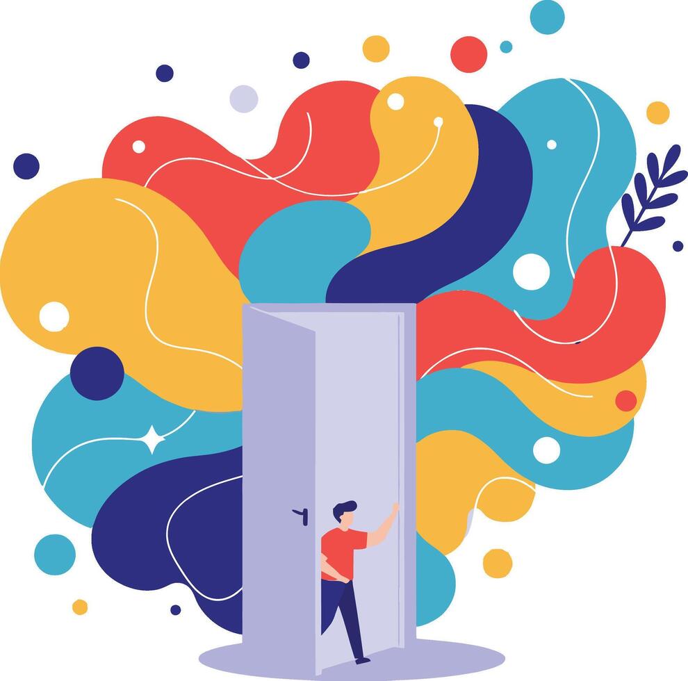 Person walking through door with colorful abstract shapes and creative flow background illustration vector