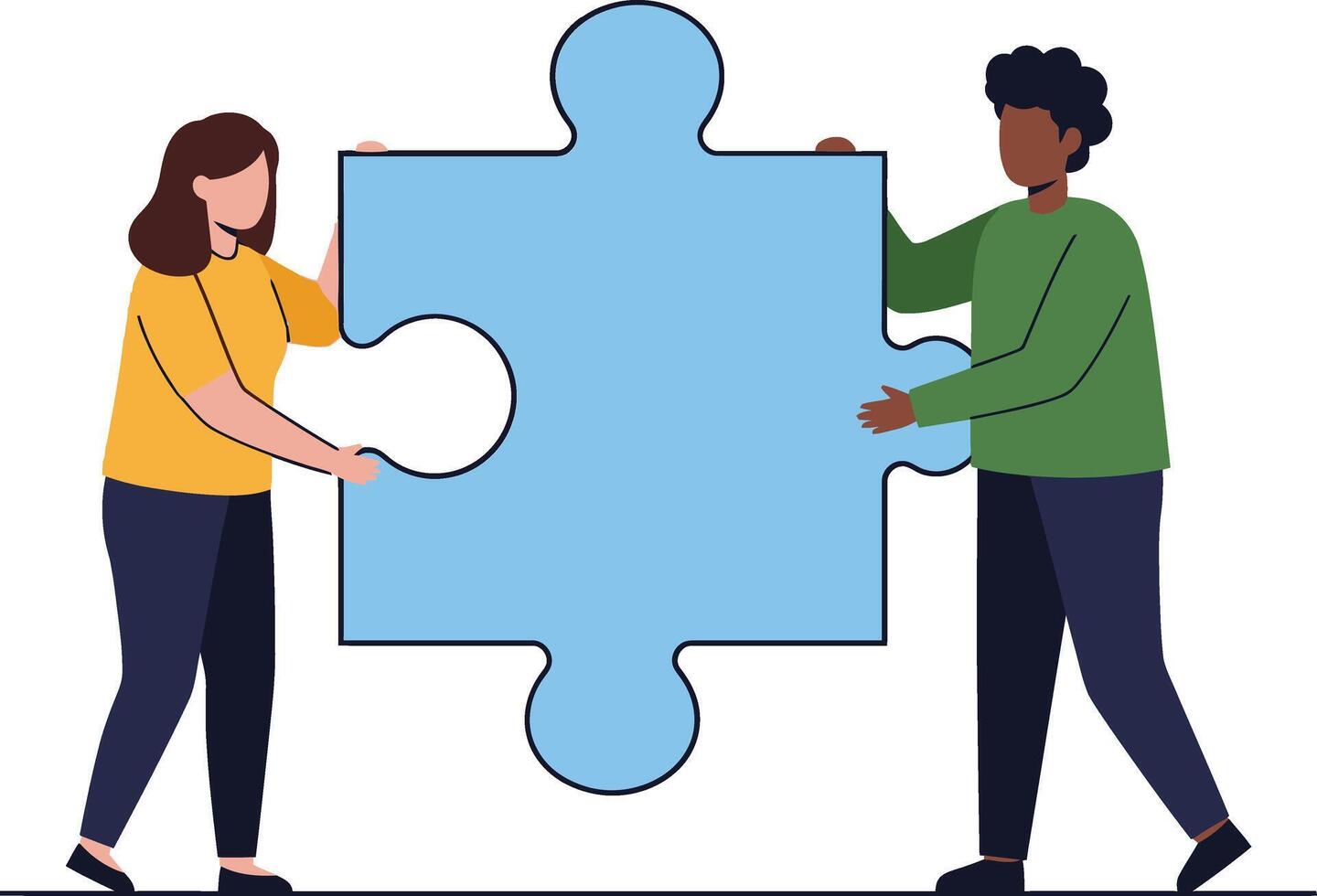 People collaborating to connect large blue puzzle pieces teamwork and cooperation concept illustration vector