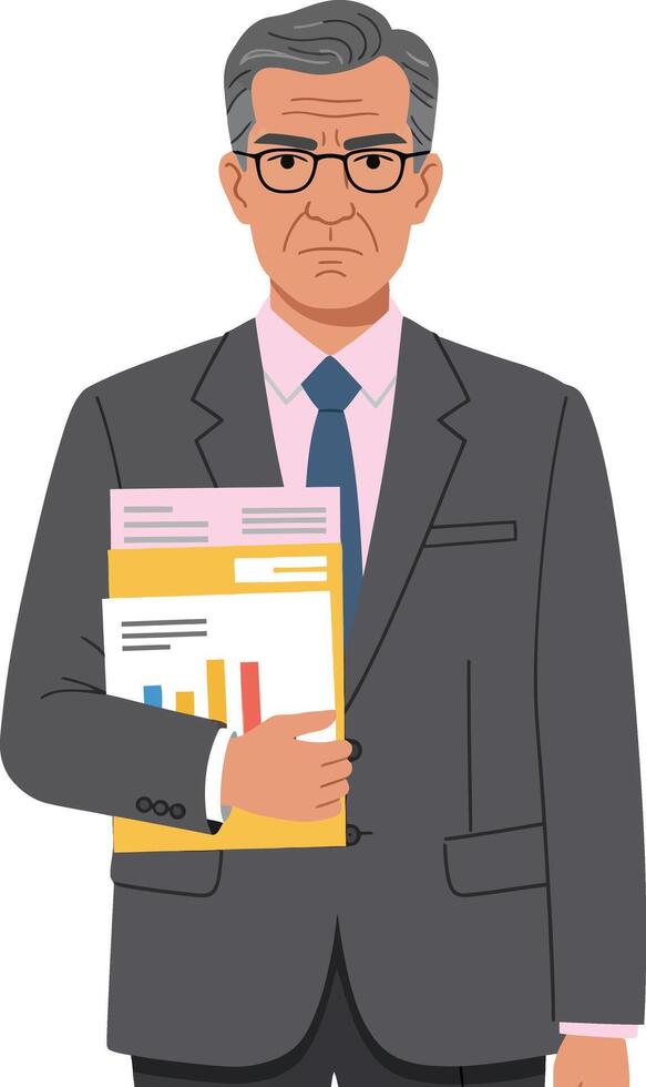 Businessman wearing grey suit and blue tie holding financial documents with charts and graphs in office setting illustration vector