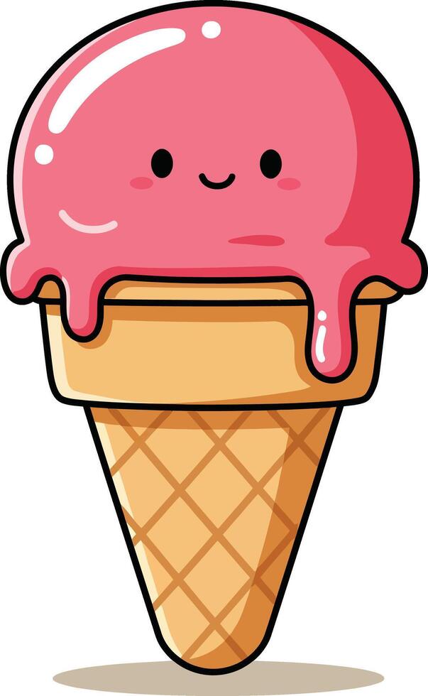 Cute smiling pink ice cream cone with melting scoop in kawaii style illustration for dessert and summer treats vector