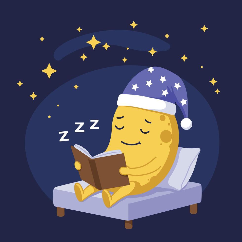 Cute crescent moon character sleeping on bed wearing blue nightcap surrounded by stars illustration vector