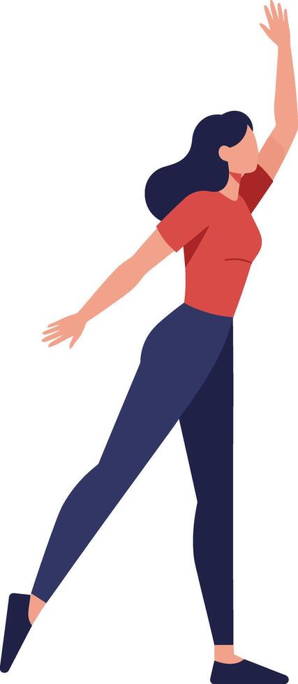 Woman in red shirt and navy pants stretching arm illustration in casual pose with dark hair vector