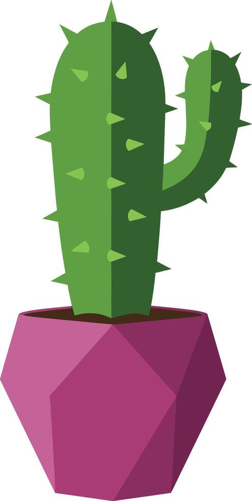 Green cactus plant in purple geometric pot illustration with spines and simple style vector