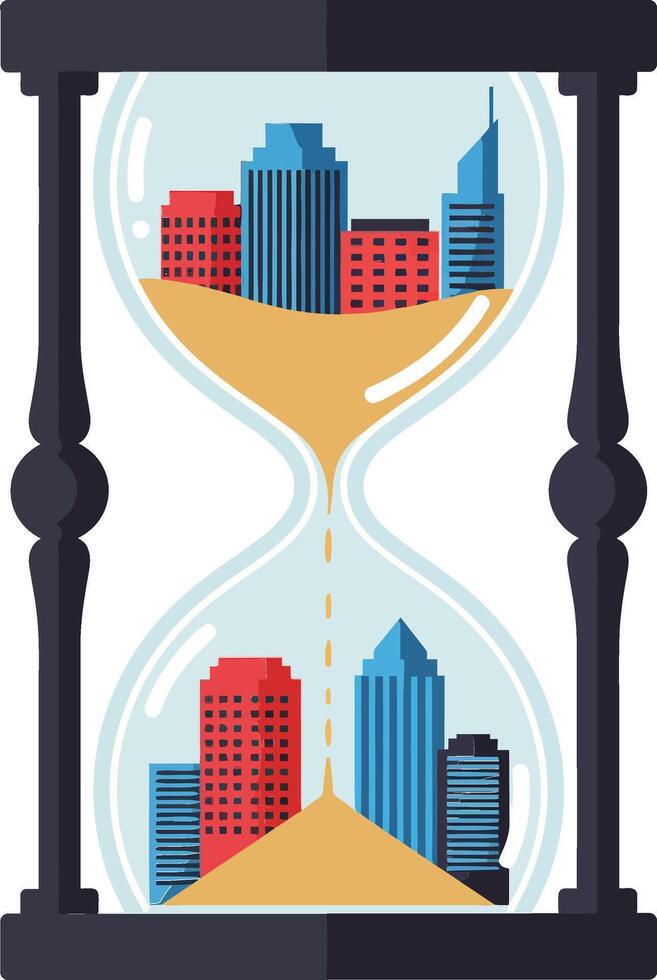 Hourglass with modern city buildings inside symbolizing time passing and urban development illustration vector