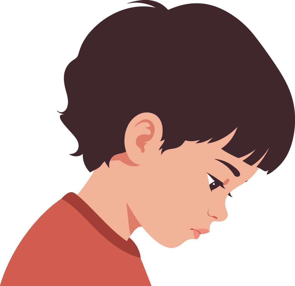 Sad boy with dark hair and red shirt looking down in thoughtful expression illustration vector