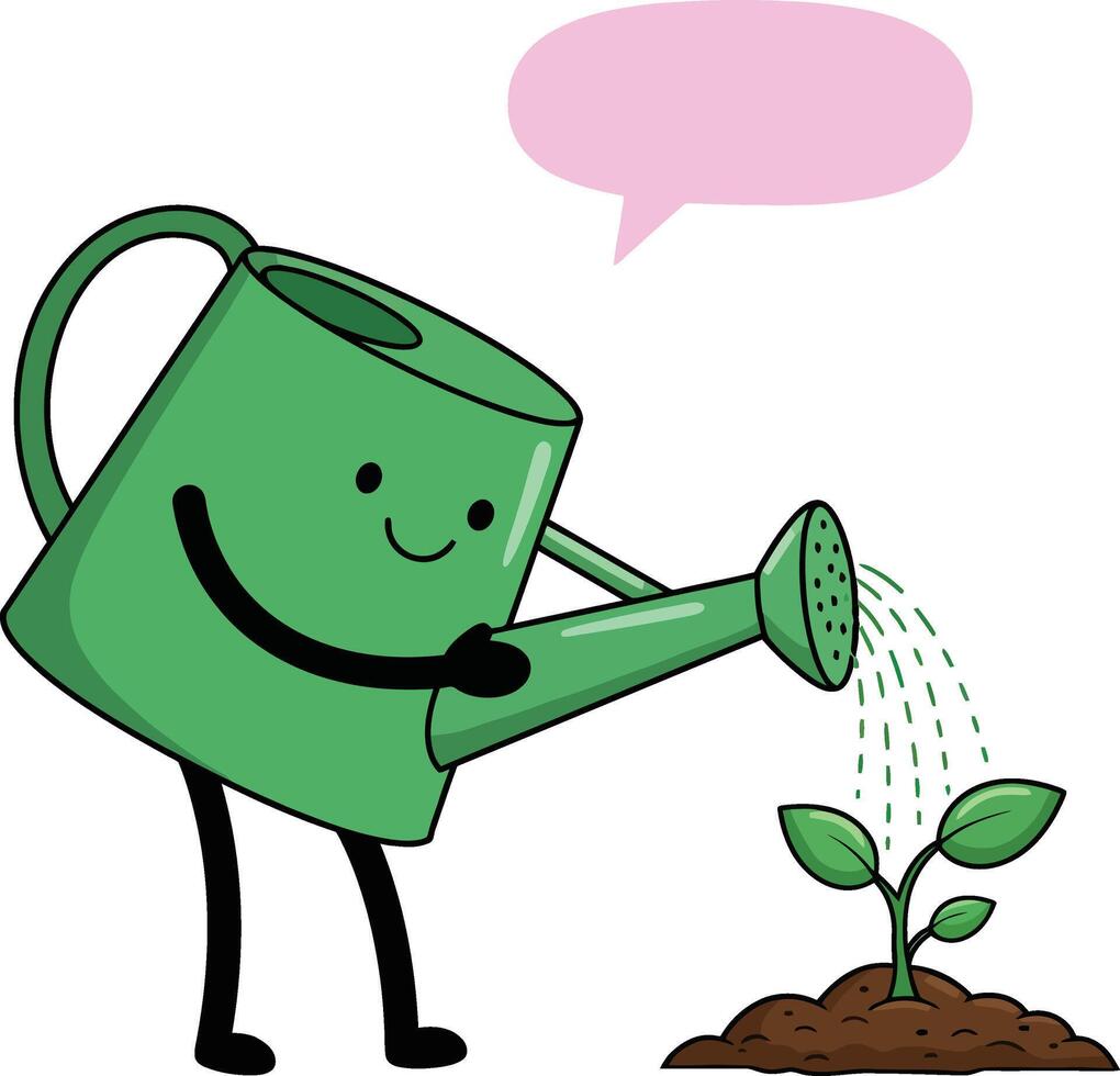 Cute green watering can watering small plant illustration with speech bubble art for gardening concept vector