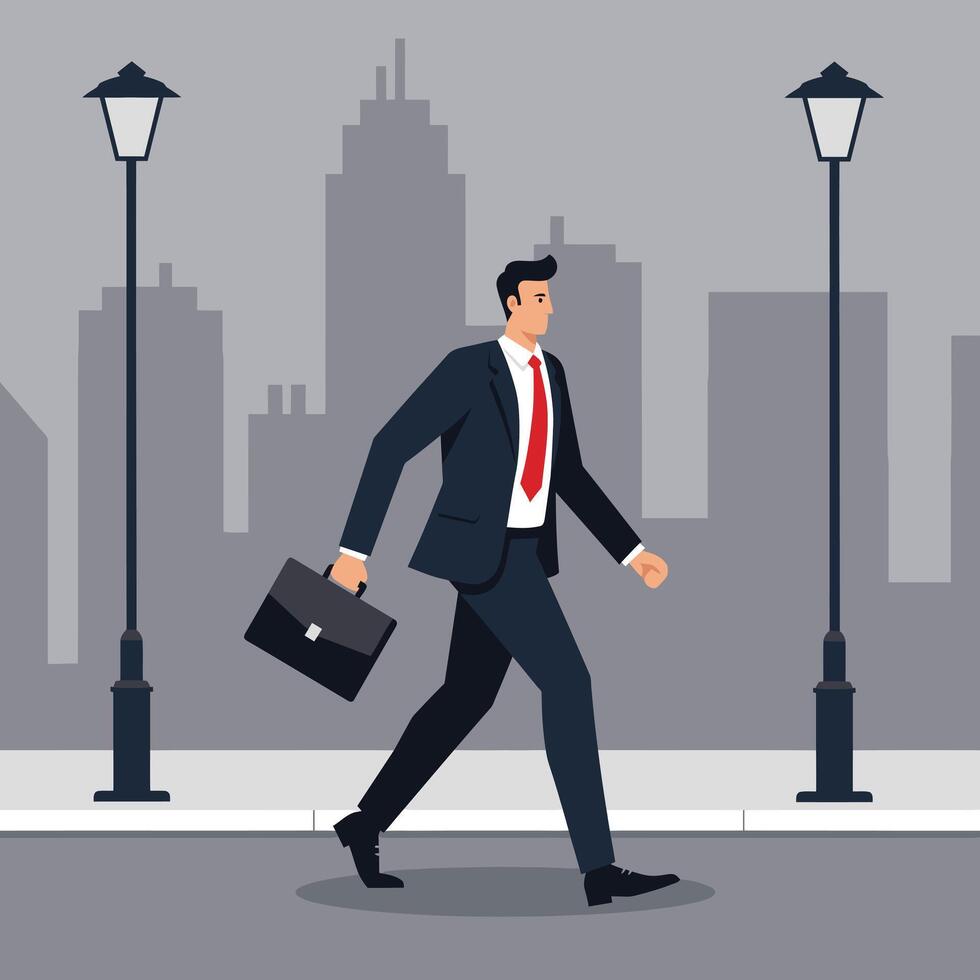 Businessman walking with briefcase in city street with street lamps and skyscrapers in background illustration vector