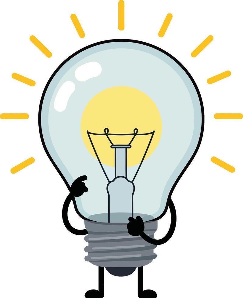 Light bulb character illustration with glowing yellow filament and expressive hands design vector