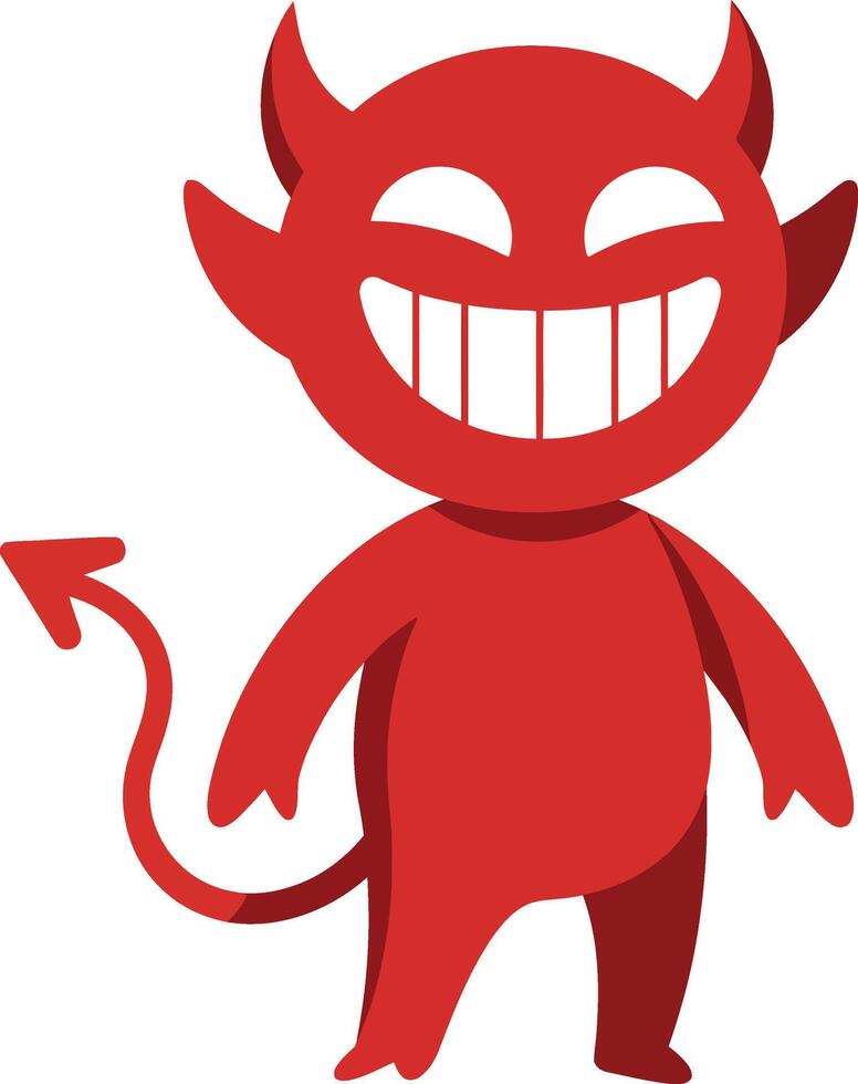 Red devil cartoon character smiling with horns tail and sharp teeth illustration vector