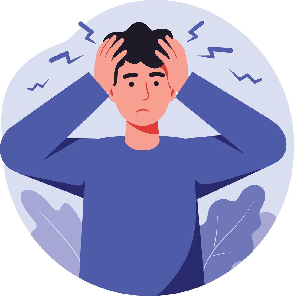 Man experiencing headache and stress symptoms in blue shirt illustration vector