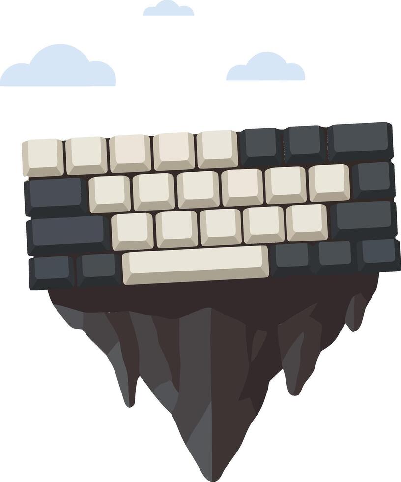 Floating mechanical keyboard with dark and light keycaps over rocky mountain landscape illustration vector