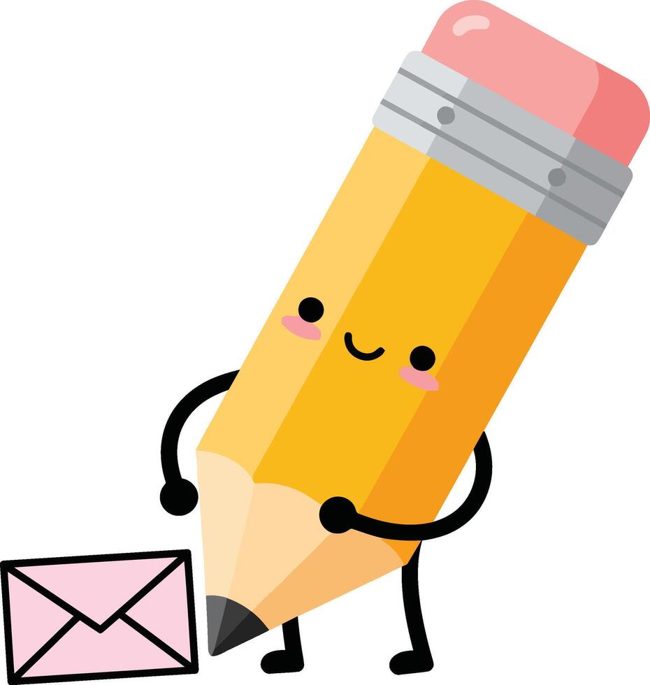 Cute pencil character holding pink envelope cartoon illustration with smiling face and arms for communication concept vector