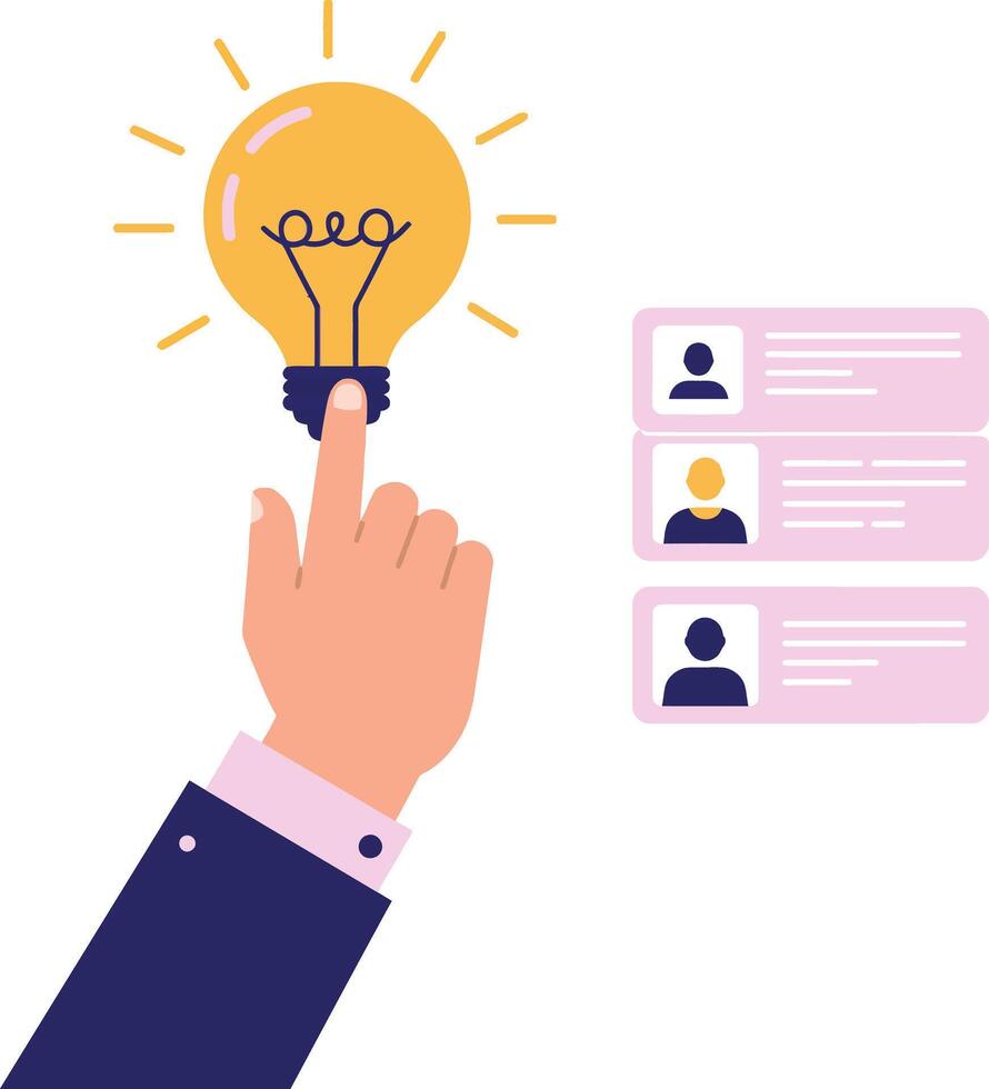 Hand selecting illuminated light bulb symbolizing idea and innovation in business communication illustration vector