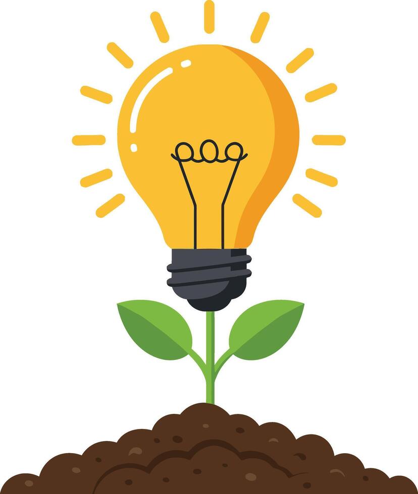 Light bulb growing from soil with green leaves symbolizing eco friendly energy and sustainable growth illustration bright yellow vector