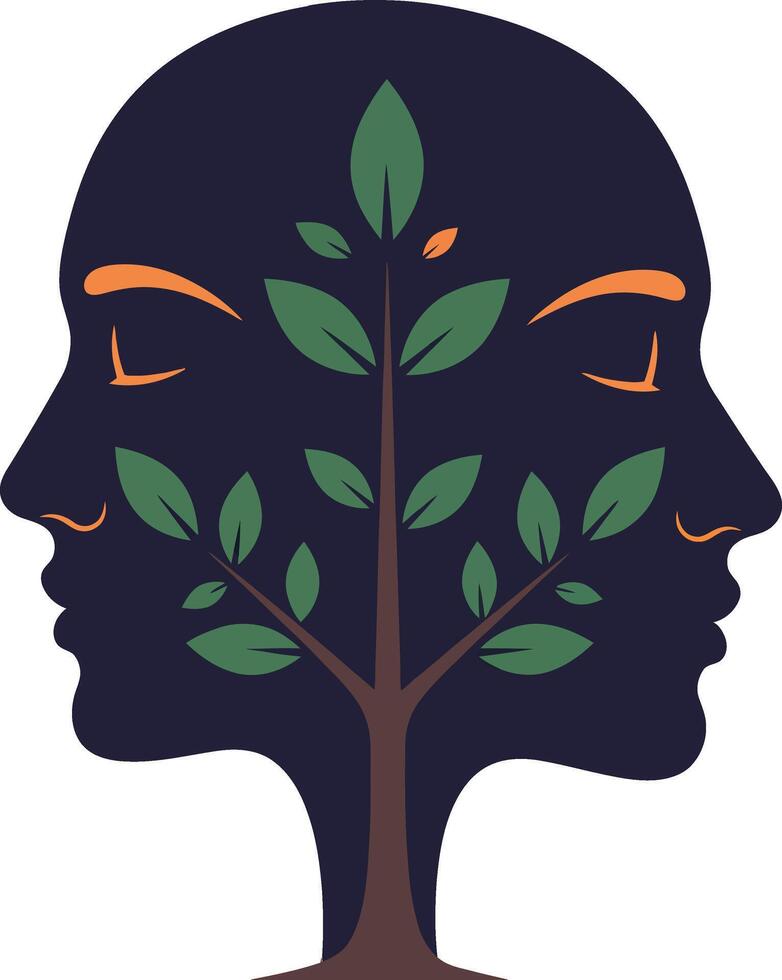Dual human faces silhouette with growing tree and green leaves symbolizing growth and mental balance illustration vector