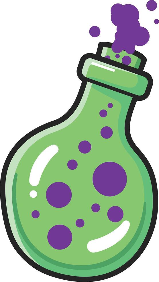 Green magical potion bottle with purple bubbles and vapor illustration for fantasy game or story design vector