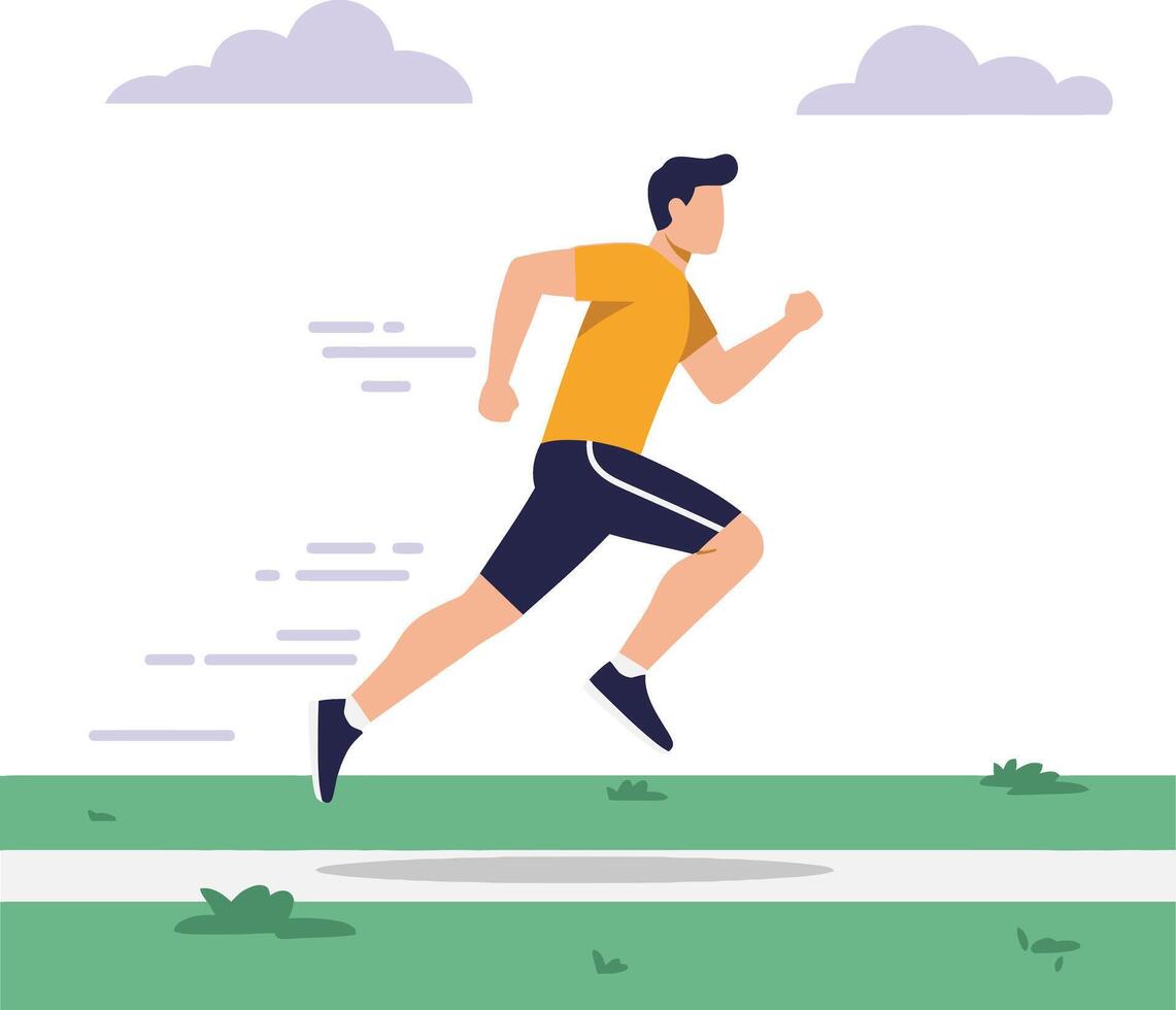 Man running outdoors in athletic wear on green grass under cloudy sky illustration vector