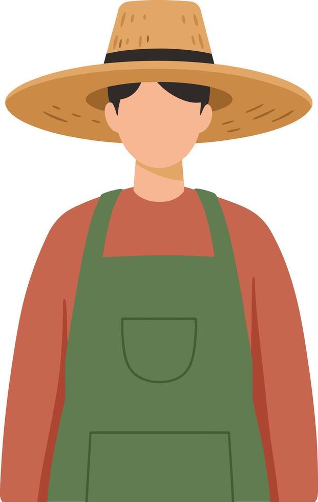 Farmer wearing wide brimmed straw hat and green apron standing isolated illustration for agriculture and rural lifestyle concepts vector