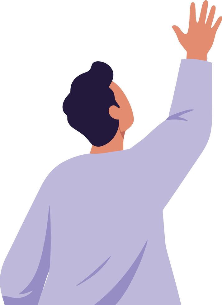 Man waving hand backward view illustration with purple shirt and dark hair in simple style vector