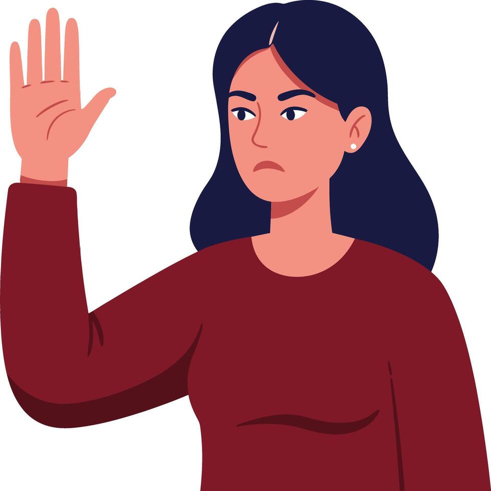 Woman with raised hand showing stop gesture in maroon sweater illustration for communication and refusal concept vector